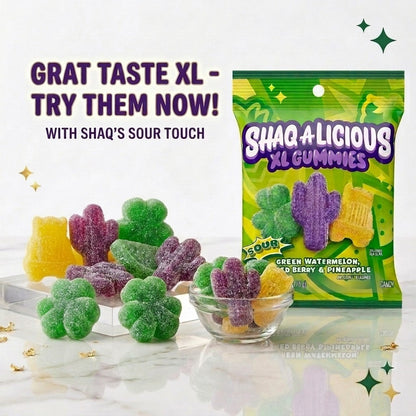 Shaq-A-Licious XL Sour Gummies Watermelon Mixed Berry Pineapple 6.2 oz Bag