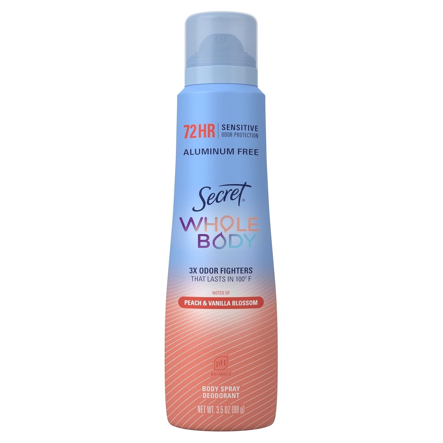 Secret Aluminum Free Whole Body Deodorant Spray for Women 72hr Sensitive Freshness Odor Defense PH Balanced Invisible Protection Safe to Use Everywhere Peach Vanilla Blossom Scent 3 5 oz