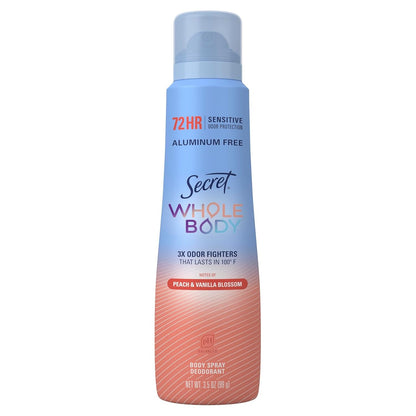 Secret Aluminum Free Whole Body Deodorant Spray for Women 72hr Sensitive Freshness Odor Defense PH Balanced Invisible Protection Safe to Use Everywhere Peach Vanilla Blossom Scent 3 5 oz