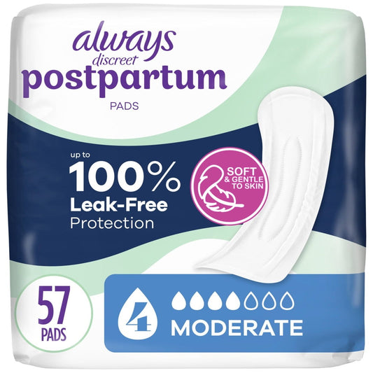 Always Discreet Postpartum Incontinence Pads Moderate Absorbency 57 Count