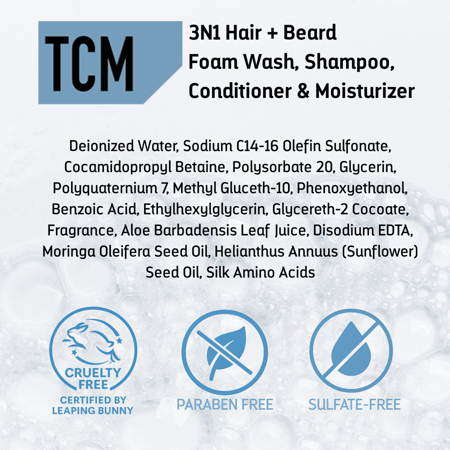 TCM 3N1 Hair & Beard Foam Wash, Shampoo & Conditioner, Hydrates & Softens 7.5 Fl oz