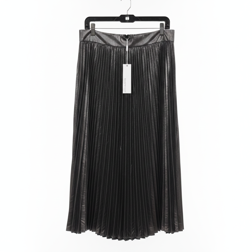 Fourth + Bay Silver Metallic Pleated Midi Skirt NWT Size Large Accordion Shiny