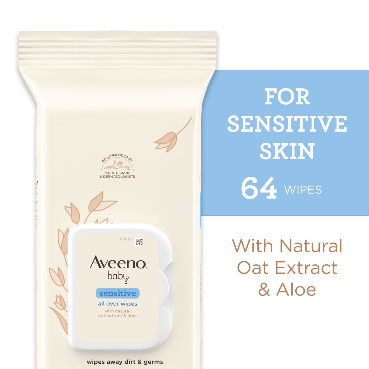 Aveeno Baby All Over Baby Wipes For Sensitive Skin with Oat and Aloe, 64 Wipes