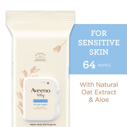 Aveeno Baby All Over Baby Wipes For Sensitive Skin with Oat and Aloe, 64 Wipes