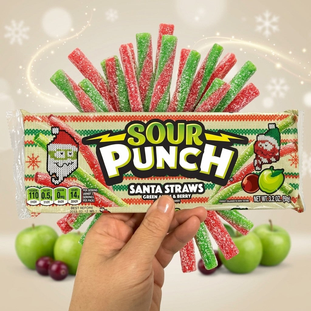 Sour Punch Santa Straws Holiday Candy 3 Pack Green Apple & Berry 3.2oz Trays