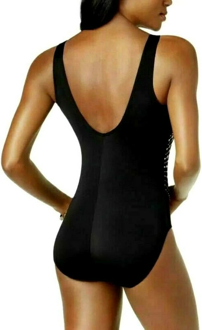 Swim Solutions Embellished Tummy-Control Long-Torso One-Piece Swimsuit, Black 14