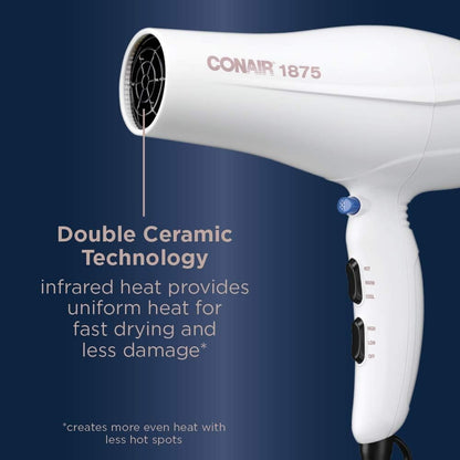Conair Double Ceramic 1875W Hair Dryer, 3 Heat/ 2 Speed Blow Dryer, White Color