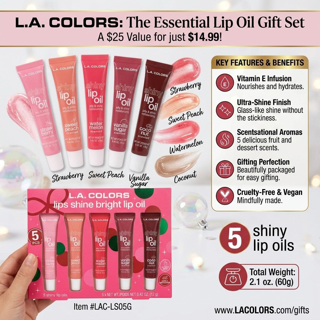 LA Colors Lips Shine Bright Lip Oil Set 5 Piece Moisturizing Shiny Gloss
