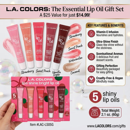LA Colors Lips Shine Bright Lip Oil Set 5 Piece Moisturizing Shiny Gloss