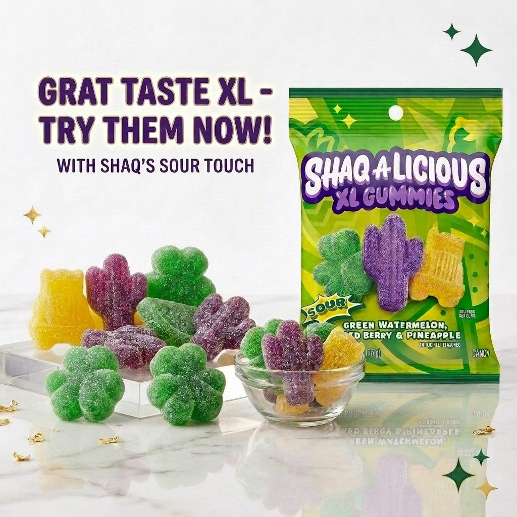 4 Pack Shaq-a-Licious Sour XL Gummies 6.2oz each Watermelon Berry Pineapple Candy