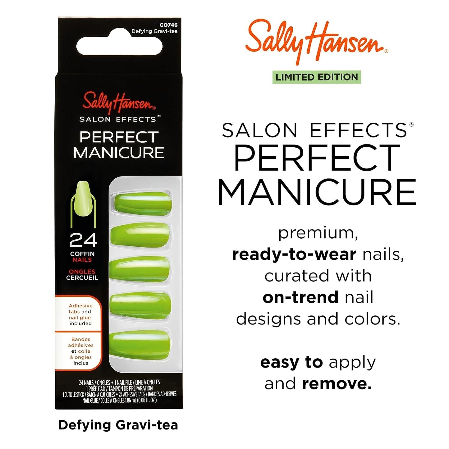 2 Pack Sally Hansen Salon Effects Press-On Nails Coffin Defying Gravi-Tea Green