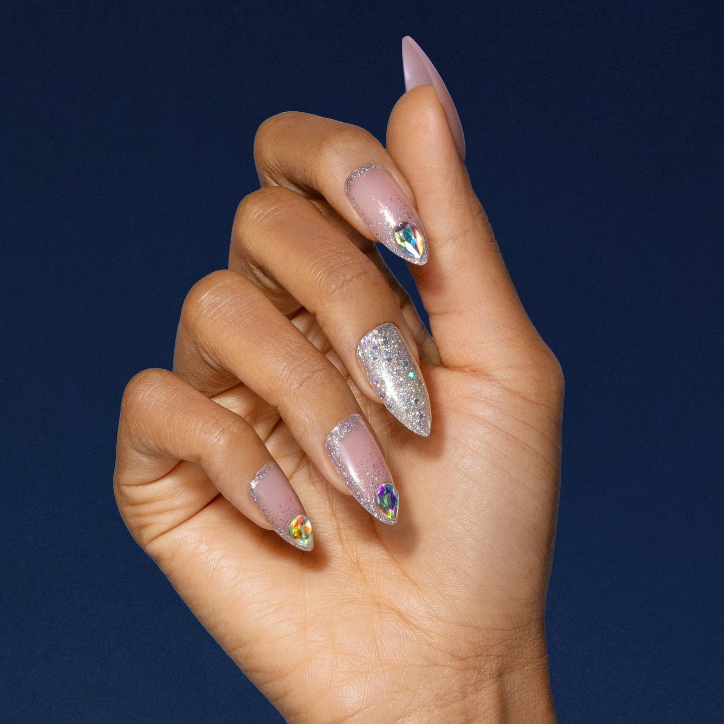 KISS Gel Fantasy Allure Ready-To-Wear Long Almond Fake Nails, Pink & Silver