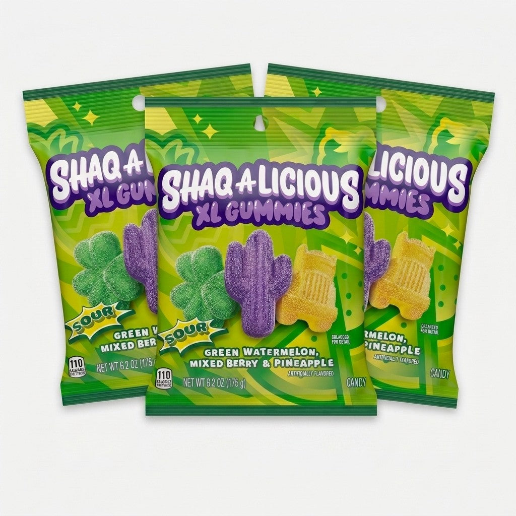 3 Pack Shaq-A-Licious XL Sour Gummies Green Watermelon Berry Pineapple 6.2oz Each