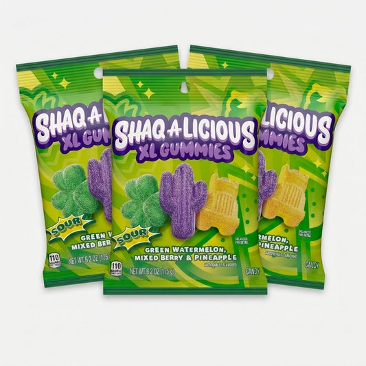 3 Pack Shaq-A-Licious XL Sour Gummies Green Watermelon Berry Pineapple 6.2oz Each