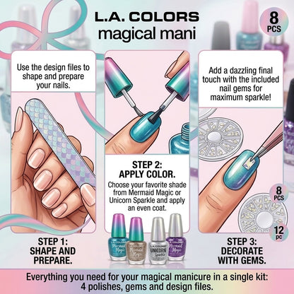 L.A. COLORS Magical Mani 8 Piece Nail Polish Gift Set 4 Polishes 3 Files & Gems