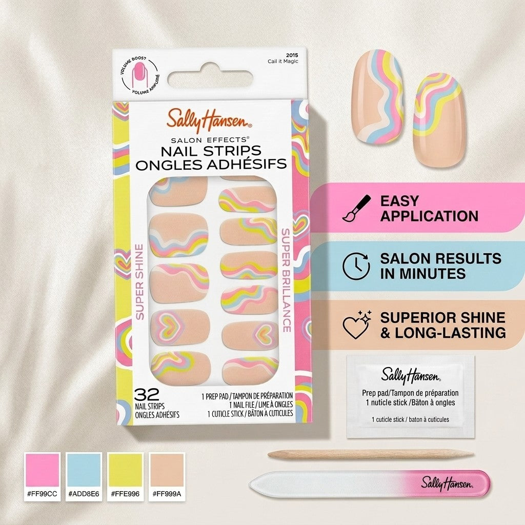 Sally Hansen Salon Effects Nail Strips | No UV Light Needed, No Dry Time, Long-Lasting, Non-Damaging | 32 Nail Strips, 1 Cuticle Stick, Nail File, Prep Pad | Call It Magic