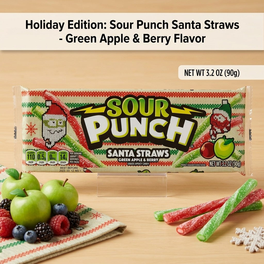 Sour Punch Santa Straws Holiday Candy 3 Pack Green Apple & Berry 3.2oz Trays