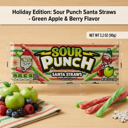 Sour Punch Santa Straws Holiday Candy 3 Pack Green Apple & Berry 3.2oz Trays