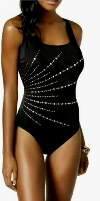 Swim Solutions Embellished Tummy-Control Long-Torso One-Piece Swimsuit, Black 14