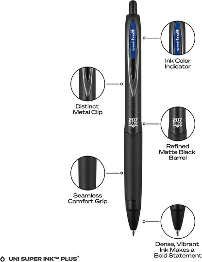 uniball 207 PLUS+ Retractable Gel Pen, Medium Point (0.7mm), Blue, 2 Pack