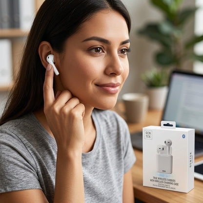 Gen Tek True Wireless Earbuds White Bluetooth TWS Wireless Charging Case