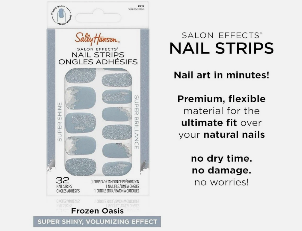 Sally Hansen Salon Effects Nail Strips No UV Light Needed No Dry Time Long Lasting Non Damaging 32 Nail Strips 1 Cuticle Stick Nail File Prep Pad Frozen Oasis