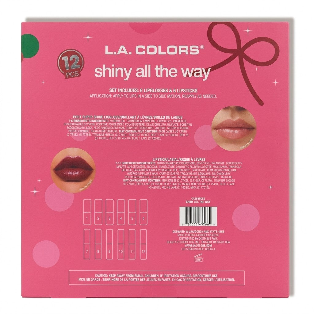 L.A. COLORS Shiny All The Way 12 Piece Lip Color Set 6 Lipglosses 6 Lipsticks