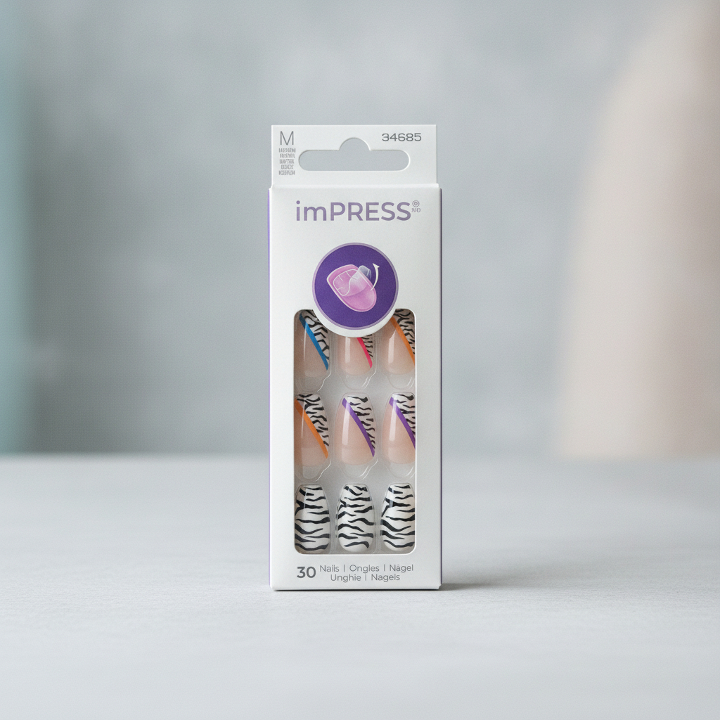Kiss Impress No Glue Press On Nails Thriving Medium Coffin Zebra Neon 30ct