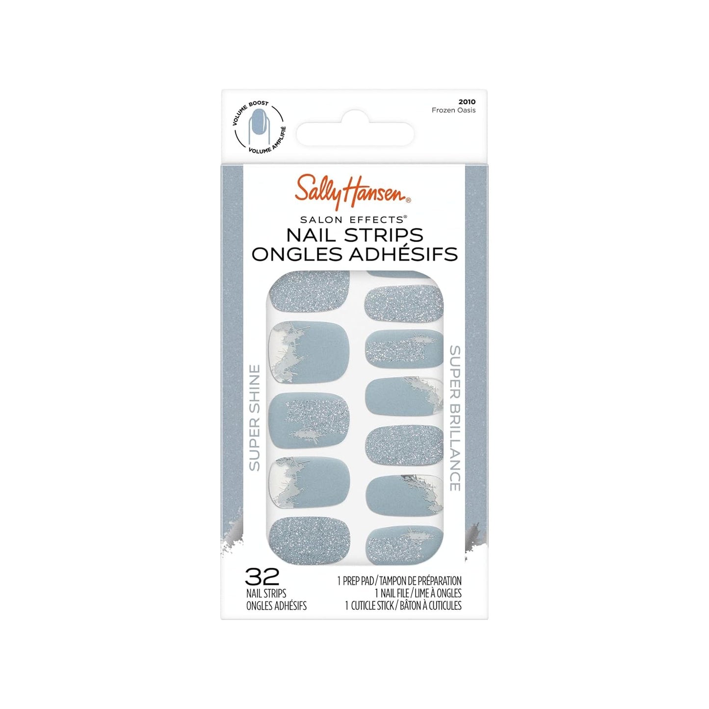 Sally Hansen Salon Effects Nail Strips No UV Light Needed No Dry Time Long Lasting Non Damaging 32 Nail Strips 1 Cuticle Stick Nail File Prep Pad Frozen Oasis