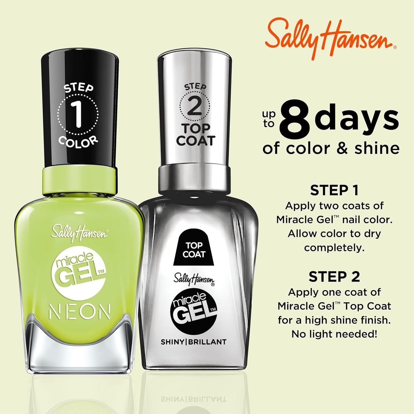 Sally Hansen Miracle Gel Neons Salon Quality Nail Polish Gel Like Formula Two Step System No UV Light Needed Long Lasting Opaque 52 Electri lime Neon Green Nail Polish