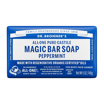Dr. Bronner's Pure-Castile Bar Soap, Peppermint, 5 oz, 2-Pack for Men & Women