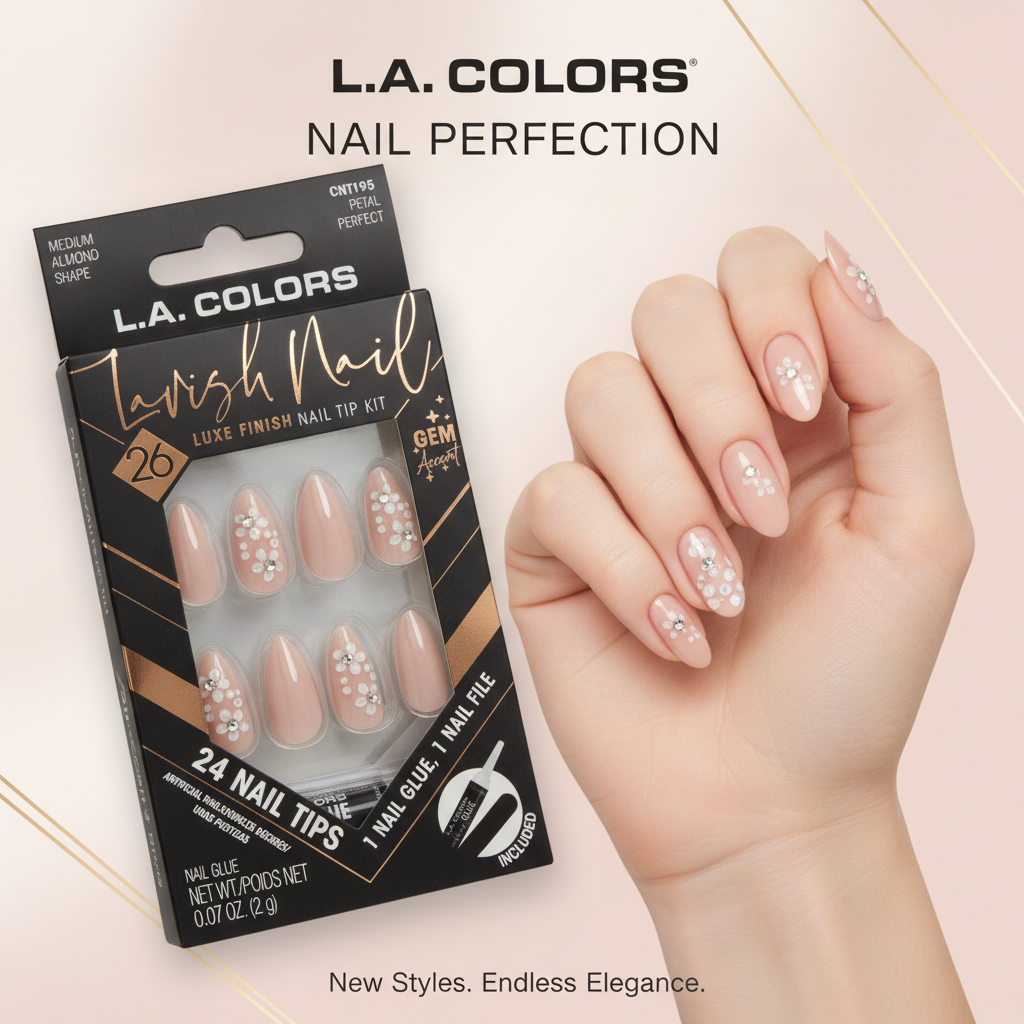 L.A. Colors Lavish Nails Luxe Finish Tip Kit 24 Artificial Nails & Gem Accents