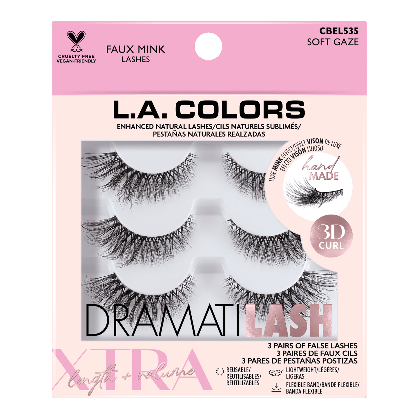 L.A. COLORS DRAMATILASH Faux Mink Lashes 3-Pack Soft Gaze CBEL535 3D Curl Reusab