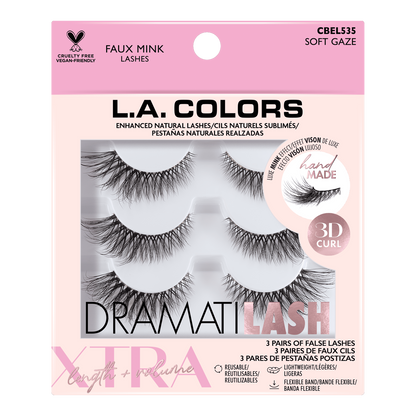 L.A. COLORS DRAMATILASH Faux Mink Lashes 3-Pack Soft Gaze CBEL535 3D Curl Reusab