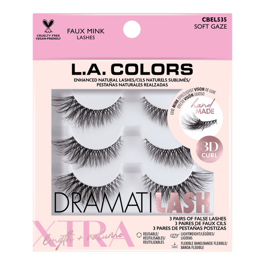 L.A. COLORS DRAMATILASH Faux Mink Lashes 3-Pack Soft Gaze CBEL535 3D Curl Reusab