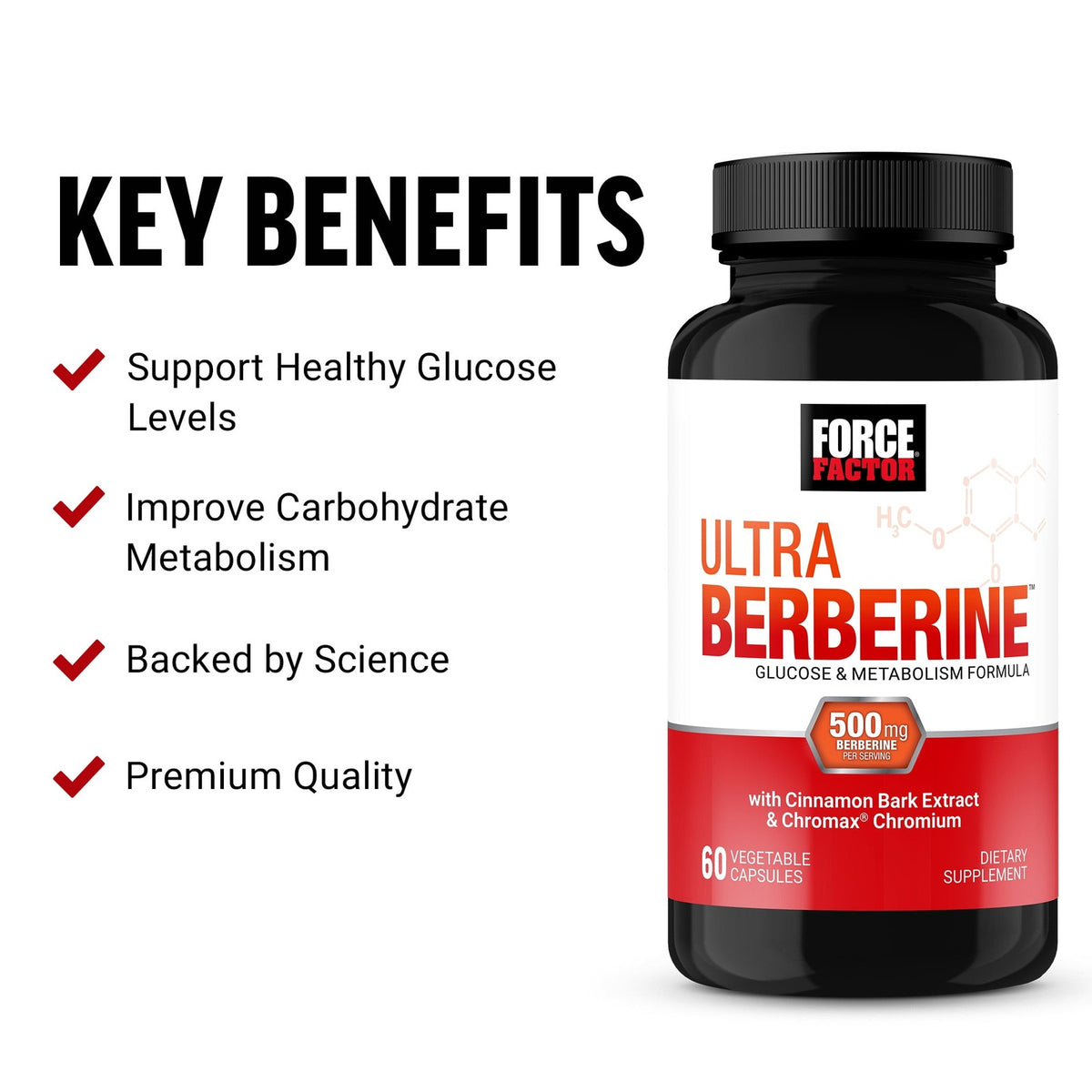 Force Factor Ultra Berberine, 500mg Berberine HCL, Cinnamon & Chromium for Metabolism Support, Weight-Loss & Healthy Glucose Levels, 60 Capsules