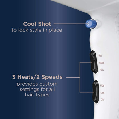 Conair Double Ceramic 1875W Hair Dryer, 3 Heat/ 2 Speed Blow Dryer, White Color