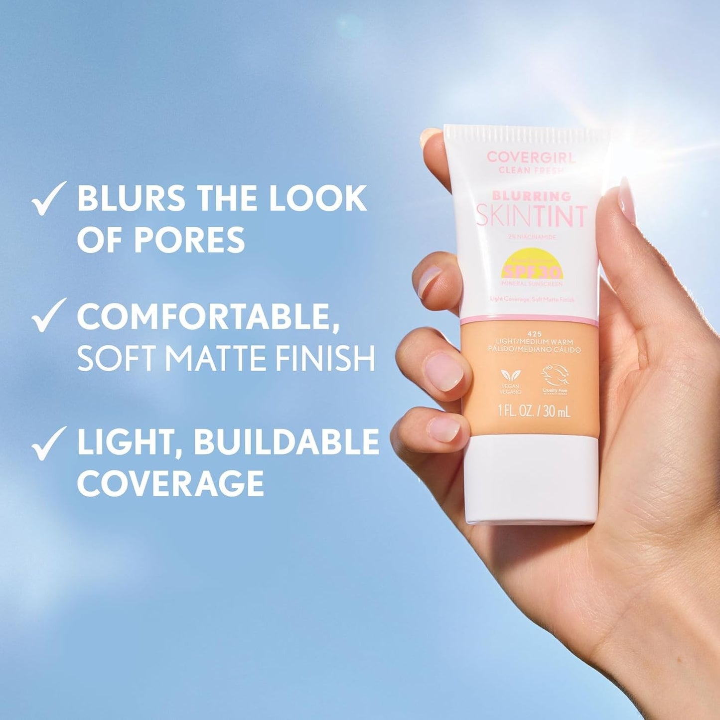 COVERGIRL Clean Fresh Blurring Skin Tint with SPF 30, 465 Deep Neutral