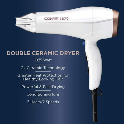 Conair Double Ceramic 1875W Hair Dryer, 3 Heat/ 2 Speed Blow Dryer, White Color