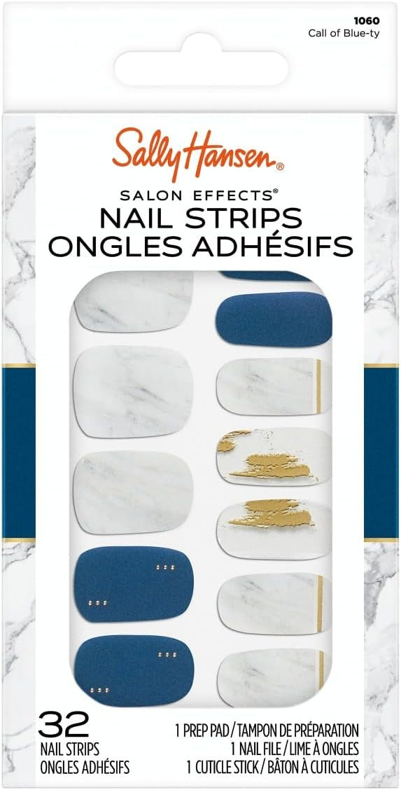 Sally Hansen Salon Effects Nail Strips | No UV Light Needed, No Dry Time, Long-Lasting, Non-Damaging | 32 Nail Strips, 1 Cuticle Stick, Nail File, Prep Pad | Call of Blue-ty