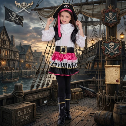 Girls Buccaneer Princess Pirate Costume Set Size 4-6 Halloween Dress Up 6pc Hat