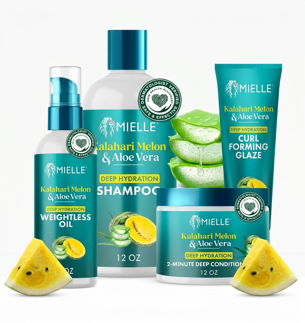 Mielle Kalahari Melon & Aloe Vera 4pc Set Shampoo Conditioner Oil Curl Glaze