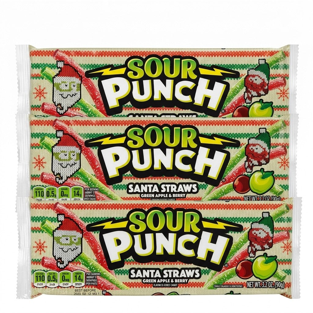 Sour Punch Santa Straws Holiday Candy 3 Pack Green Apple & Berry 3.2oz Trays