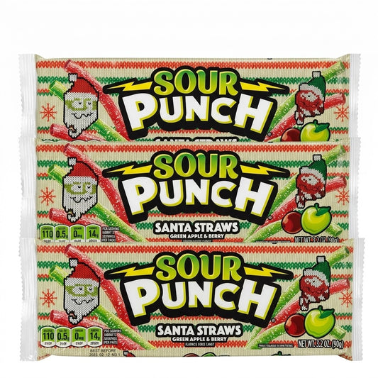 Sour Punch Santa Straws Holiday Candy 3 Pack Green Apple & Berry 3.2oz Trays