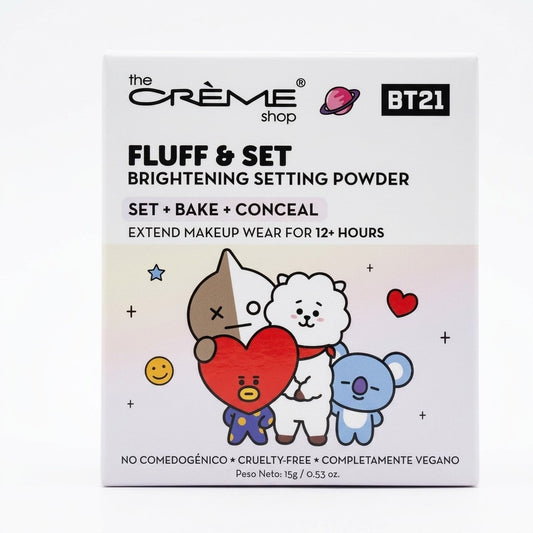 The Crème Shop x BT21 FLUFF & SET Powder: Translucent, brightening, velvety text