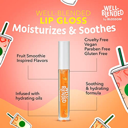 Blossom Lip Gloss Well Blended Fruit Flavored Smoothie Inspired Moisturizing Lip Care, Hydrating Lip Gloss with Wand Applicator, 0.10oz, Just Peachy