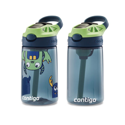 Contigo Aubrey Kids Cleanable Water Bottle with Silicone Straw and Spill-Proof Lid, Blueberry & Monsters, 14 Ounce, 2-Pack