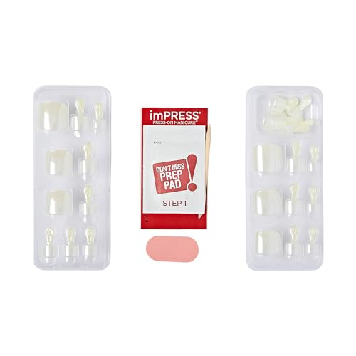 KISS imPRESS No Glue Pedi Press-On Toenails, White Nails with Pearl, Squoval Shape, Includes 24 Nails, Prep Pad, 1 Manicure Stick, 1 Mini File