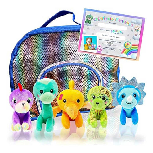 Pomkins Gift Bag with a set of 5 Plush Stuffed Dinosaurs + FREE PDF Gift Certificate - Perfect Unisex Gift for Kids Ages 3+