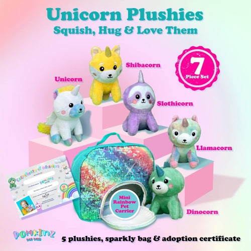 Pomkins Girls Gift Sequins Bag with 5 Plush Stuffed Unicorns and PDF Gift Certificate - Ages 3+